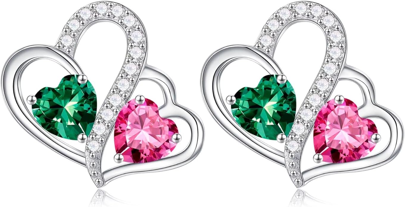 Iefil Valentines Day Gifts for Her - Birthstone Earrings Gift for Women, 925 Sterling Silver Double Heart Birthstone Earrings | Anniversary Birthday Gifts for Women, Personalized Jewelry for Wife Mom