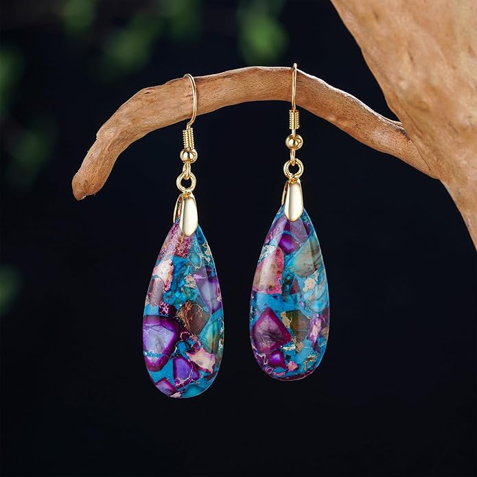 Boho Women Natural Stone Earrings Unique Healing Imperial Jasper Gemstone Energy Hypoallergenic Lightweight Dangle Drop Earrings Multiple Styles Earrings Jewelry for Birthday Party Gift