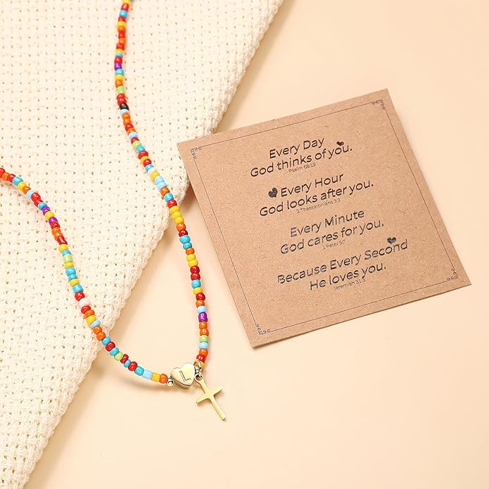 Colorful Initial Cross Necklace for Girls Women Kids - Teen Girls Gifts Trendy Stuff Beaded Letter Cross Choker Necklace for Girls Gifts Jewelry