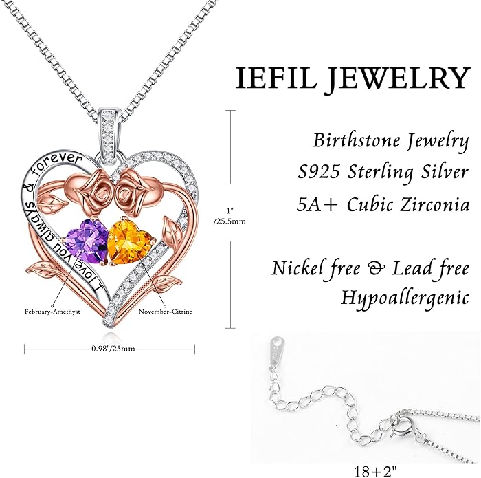 Iefil Valentines Gifts for Her Wife Women - Rose Heart Double Birthstone Necklace Gift for Wife Girlfriend Her Women, Birthstone Jewelry Gemstone Birthday Gifts for Mom Grandma Her