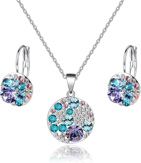 EVEVIC Austrian Crystals Round Disc Pendant Necklace Earrings for Women 14K Gold Plated Hypoallergenic Jewelry Sets