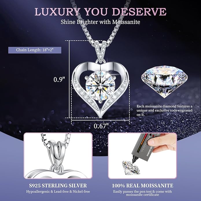 Gorgeous Moissanite Necklaces for Women - Valentine's Day Gifts for Wife Girlfriend, 925 Sterling Silver 1-3CT Moissanite Pendant Jewelry, Wedding Anniversary Birthday Christmas for Mom