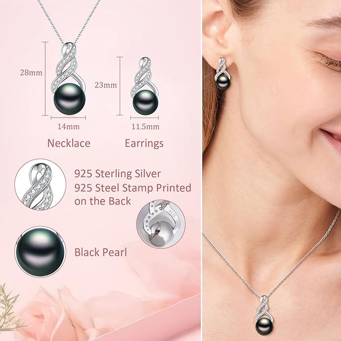 Gifts for Women-Pearl Necklace and Earring Set -925 Sterling Silver Jewelry Set- Birthday Valentines Day Anniversary or Christmas Gifts for Wife
