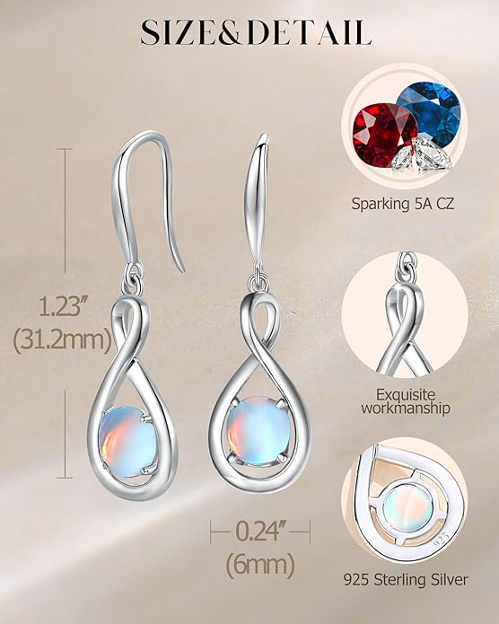 FANCIME Valentines Day Gift Dangle Drop Earrings 925 Sterling Silver Dainty Infinity Round Gemstone Birthstone Jewelry Birthday Gifts for Her Women