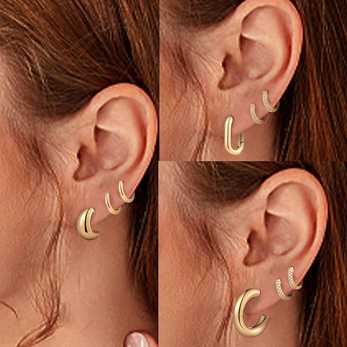 Wgoud 6 Pairs Gold Hoop Earrings Set for Women, 14K Gold Plated Hypoallergenic Lightweight Chunky Open Huggie Hoops Earrings Jewelry for Gifts.