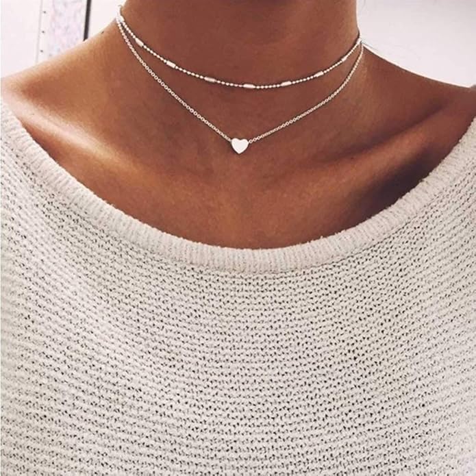Tgirls Layered Heart Choker Necklace Tiny Puffy Heart Pendant Necklaces Ball Collar Jewelry for Women