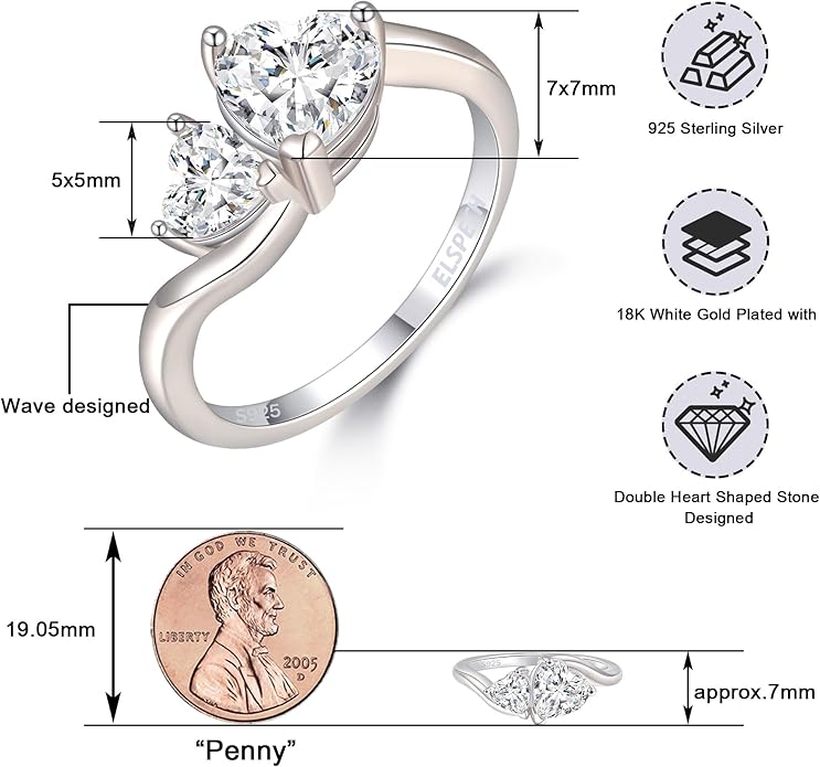 Elspeth 925 Sterling Silver Heart Engagement Ring for Women Heart Cut Cubic Zirconia Promise Ring Size 4-10