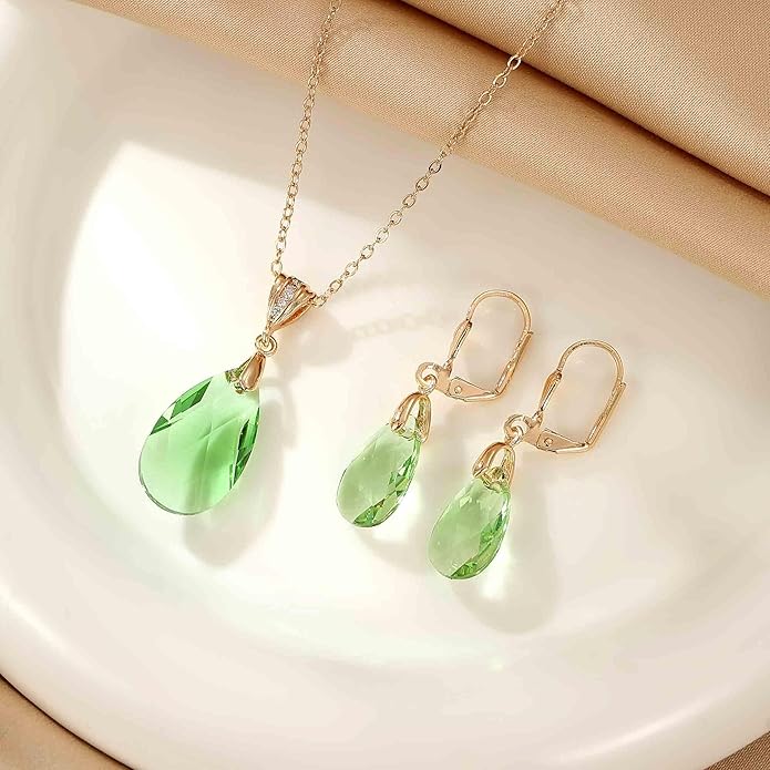 EVEVIC Austrian Crystals Teardrop Pendant Necklace Earrings for Women 14K Gold Plated Hypoallergenic Leverback Drop Dangle Earrings Jewelry Set