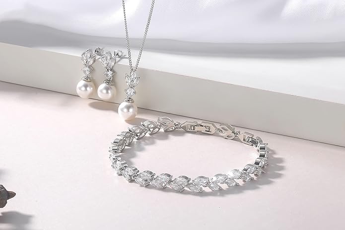 Wedding Jewelry for Bride Bridesmaid, Pearl Dangle Earrings and Pendant Necklace Set Bridal Jewelry for Promise Wedding Party