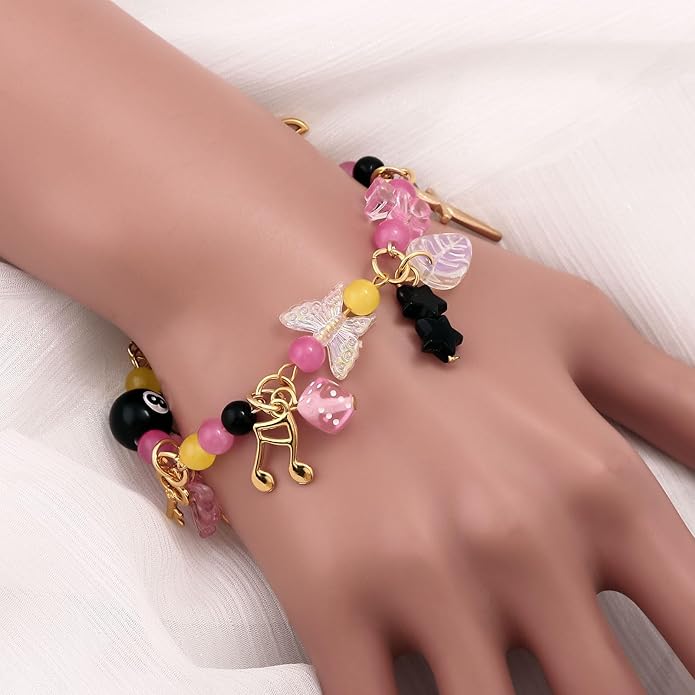 Black 8 Ball Charm Bracelet - Y2K Bow Dopamine Leaf Star Bracelets - Gift for Sister Bestie Friend