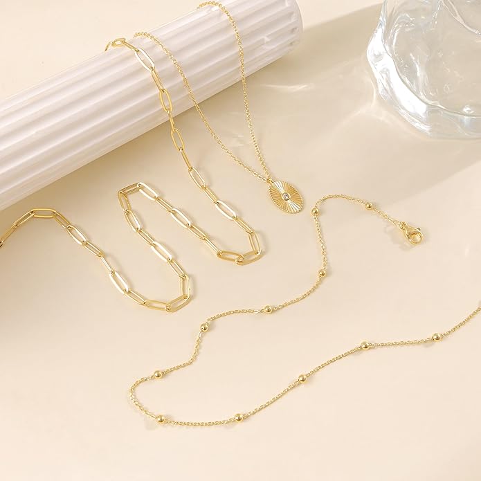 Layered Necklaces for Women,Dainty 14k Gold Plated CZ Layered Choker Necklace for Women Trendy Non Tarnish Hypoallergenic Beaded Paperclip Chain Necklace Stack Women's Minimalist Gold Jewelry Gifts