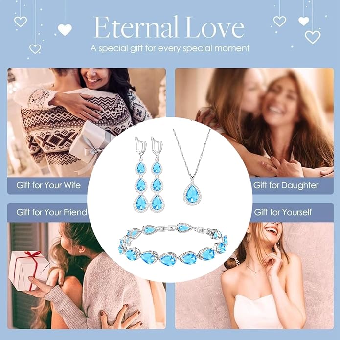 LMXXVJ Necklace Long Earrings Bracelet Set, White Gold Plated Created Blue Sapphire Jewelry Set Wedding Party Gift Jewelry for Women Bridal Bridesmaid