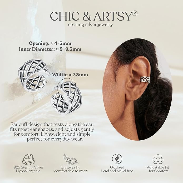 CHIC & ARTSY 925 Sterling Silver Ear Cuffs for Women, Non Piercing Clip On Cartilage Cuffs, Adjustable Fake Conch & Helix Earrings, Gold Plated & Oxidized Various Styles