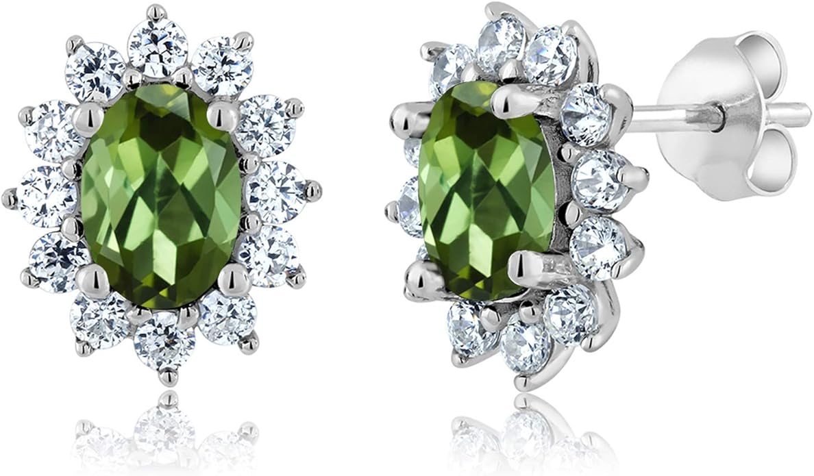 Gem Stone King 7X5MM Oval Gemstone Birthstone Stud Earrings For Women | Princess Diana Royal Halo Style | 925 Sterling Silver | Fine Jewelry Gifts for Anniversary Wedding Her Mom Women Wife