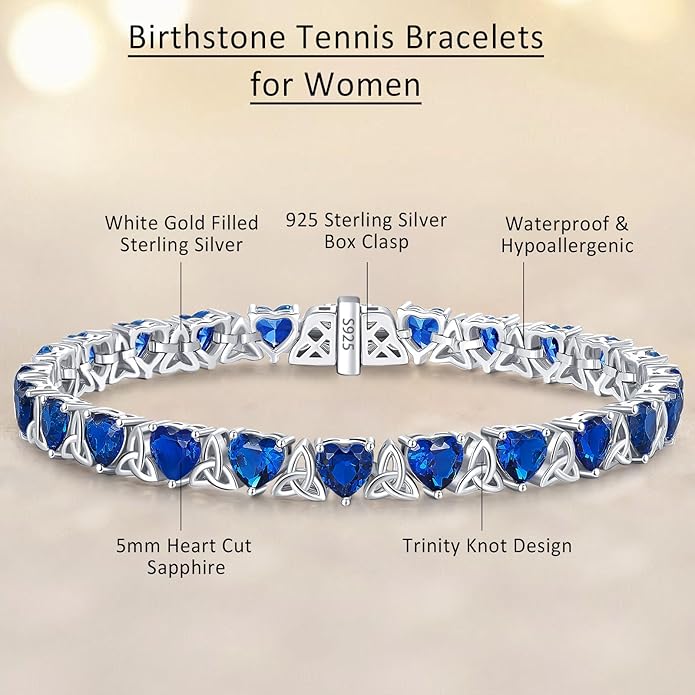 Birthstone Tennis Bracelets for Women, 925 Sterling Silver Heart Shaped Celtic Trinity Knot, 7 Inch Charm Trendy Hypoallergenic Anniversary Birthday Gifts for Her