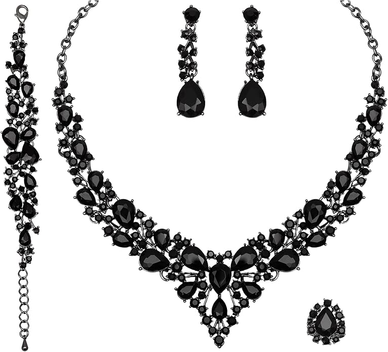 CSY 4 Pcs/Set Austrian Crystal Necklace Earrings Bracelet Ring Bridal Jewelry Sets for Brides Wedding Party Costume Accessories Gifts for Women