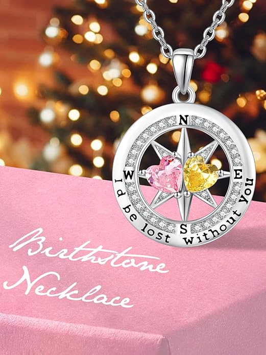 Compass Necklace for Women, Exquisite S925 Valentines Day Anniversary Birthday Gifts for Wife Her Double Birthstone Pendant Jewelry ‘I'd be Lost Without You’