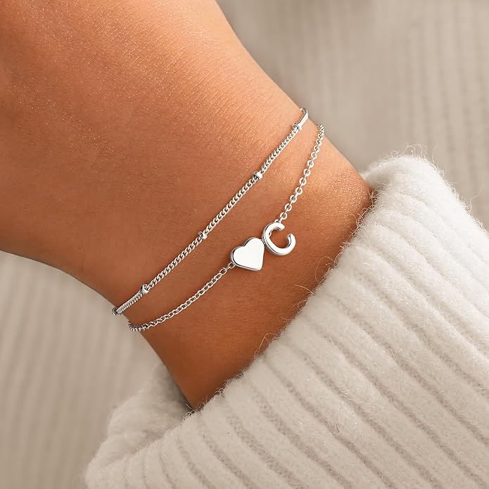 M MOOHAM Valentines Day Gifts for Kids Teen Girls -14K-Gold-Plated Heart Initial A-Z Bracelets for Women Girl Dainty Gold Bracelets Birthday Valentines Gifts for Women Her Teenage Girls Kid Teen Gift