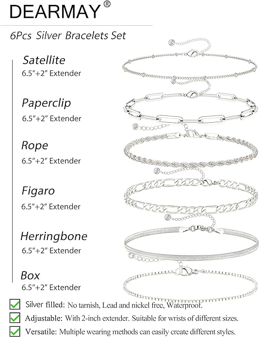 DEARMAY Dainty Silver Plated Bracelets for Women Trendy, Silver Jewelry Set for Women Bracelets for Women Paperclip Box Herringbone Figaro Rope Chain Bracelet Fashion Pack Gifts for Women