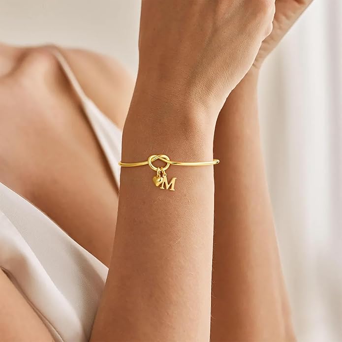 M MOOHAM Valentines Gifts for Her Teen Girls - Knot Initial Bracelets for Women Bridesmaids Proposal Gift Bridesmaid Gift Heart Initial Bracelet Friendship Bracelets Valentines Gifts for Women Sister