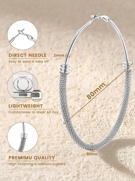 KeyStyle Mesh Hoop Earrings for Women, Stainless Steel Gold Hoops Earring Lightweight Loops, 2MM Thick Hypoallergenic Circle Endless Hollow Hoop 20mm-80mm
