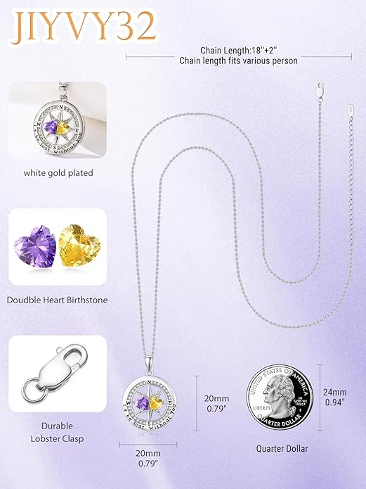 Compass Necklace for Women, Exquisite S925 Valentines Day Anniversary Birthday Gifts for Wife Her Double Birthstone Pendant Jewelry ‘I'd be Lost Without You’
