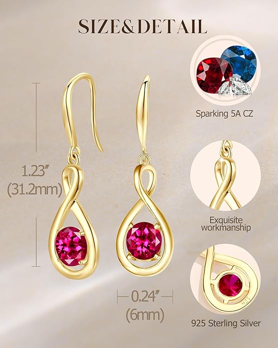 FANCIME Valentines Day Gift Dangle Drop Earrings 925 Sterling Silver Dainty Infinity Round Gemstone Birthstone Jewelry Birthday Gifts for Her Women