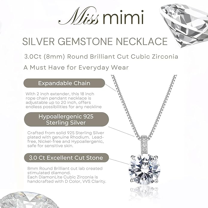 MISS MIMI Solitaire Cubic Zirconia Necklace for Women, 1–3 CT Round,Heart,Princess Cut CZ Options, Bezel or Prong Set in 925 Sterling Silver, Adjustable 16–20" Minimalist Everyday Jewelry