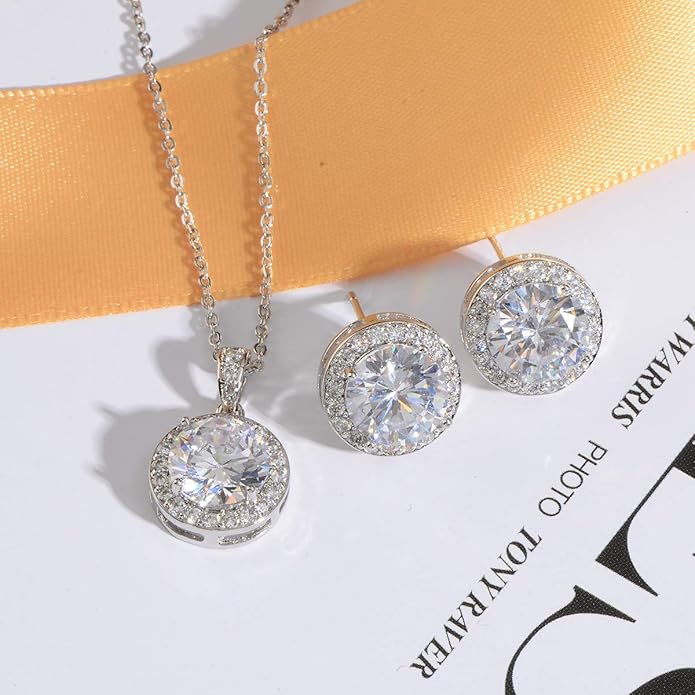 Bridal Crystal Jewelry Set - Sterling Silver Round Cubic Zirconia CZ Rhinestone Halo Birthstone Pendant Necklace Stud Earrings Set for Wedding Bride Bridesmaids Birthday Gift