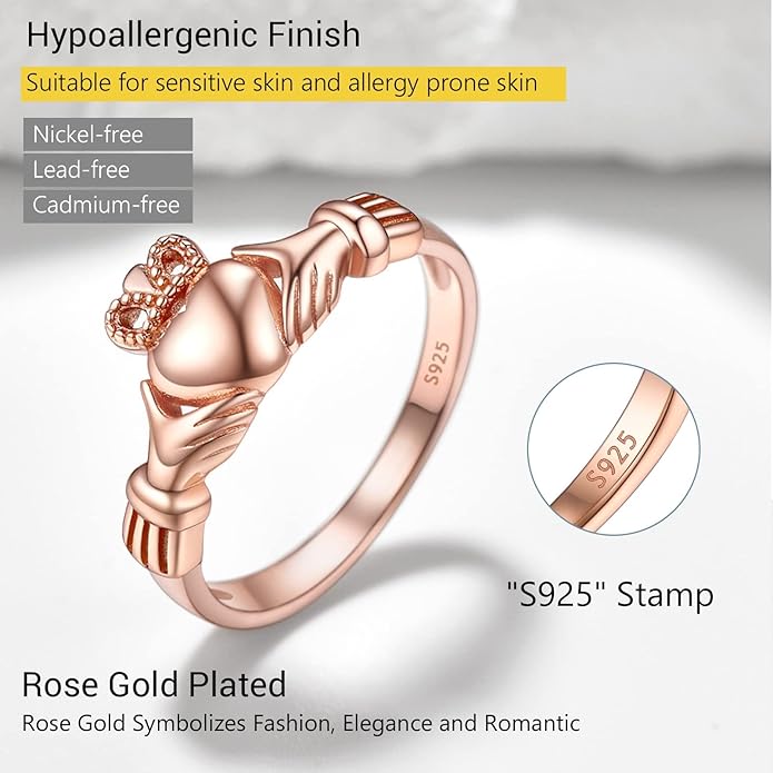 PROSILVER 925 Sterling Silver Claddagh Ring/Celtic Knot Ring for Women, Irish Wedding Band, Rose Gold Plated/Gold Plated, Size 4-12, Come with Box