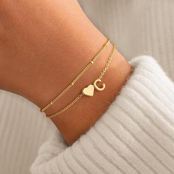 M MOOHAM Valentines Day Gifts for Kids Teen Girls -14K-Gold-Plated Heart Initial A-Z Bracelets for Women Girl Dainty Gold Bracelets Birthday Valentines Gifts for Women Her Teenage Girls Kid Teen Gift
