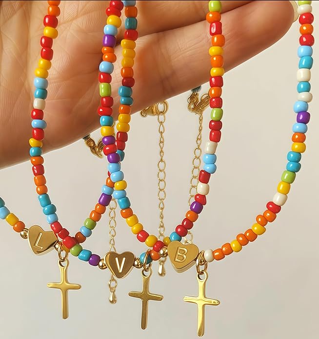 Colorful Initial Cross Necklace for Girls Women Kids - Teen Girls Gifts Trendy Stuff Beaded Letter Cross Choker Necklace for Girls Gifts Jewelry