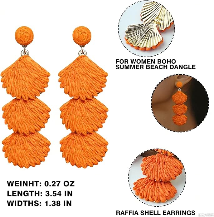 Raffia Dangle Earrings for Women - Boho Statement Rattan Drop Jewelry with Shell Design, Lightweight Summer Beach Trendy Accessories