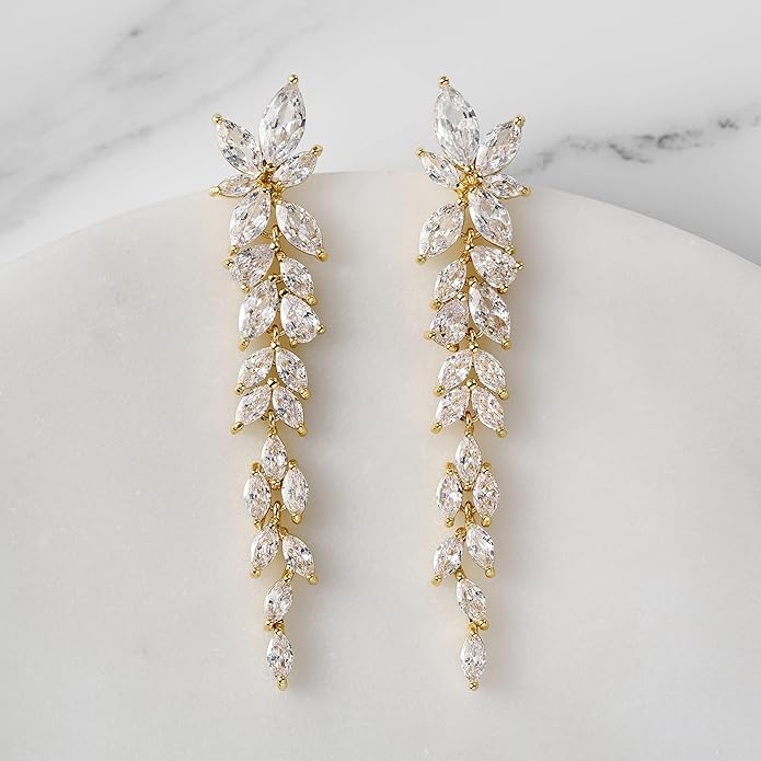 SWEETV Marquise Cubic Zirconia Wedding Earrings for Women Brides, Crystal Chandelier Bridal Drop Earrings for Prom Pageant