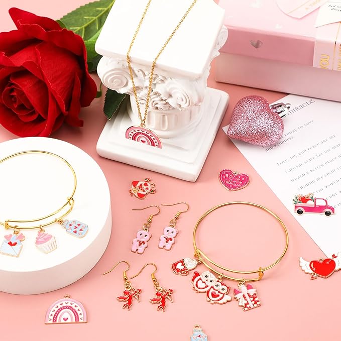 MARFOREVER 40 Pcs/20 Pairs Valentines Charms for Jewelry Making, Heart Charms for Jewelry Making Gold Enamel Red Pink Romantic Love Charm Pendants for Valentine's Day Bracelet Necklace Earrings Making