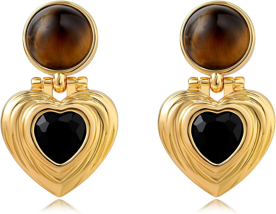 Black/White/Red/Green/Blue/Brown Heart Earrings for Women, Gold Plated Vintage Gold Earrings with Hypoallergenic Posts,Lightweight Black and Gold Dangle Statement Jewelry, Gift for Women—Girlfriend Wife Mom for Wedding, Party, Valentines Day Gifts for Her