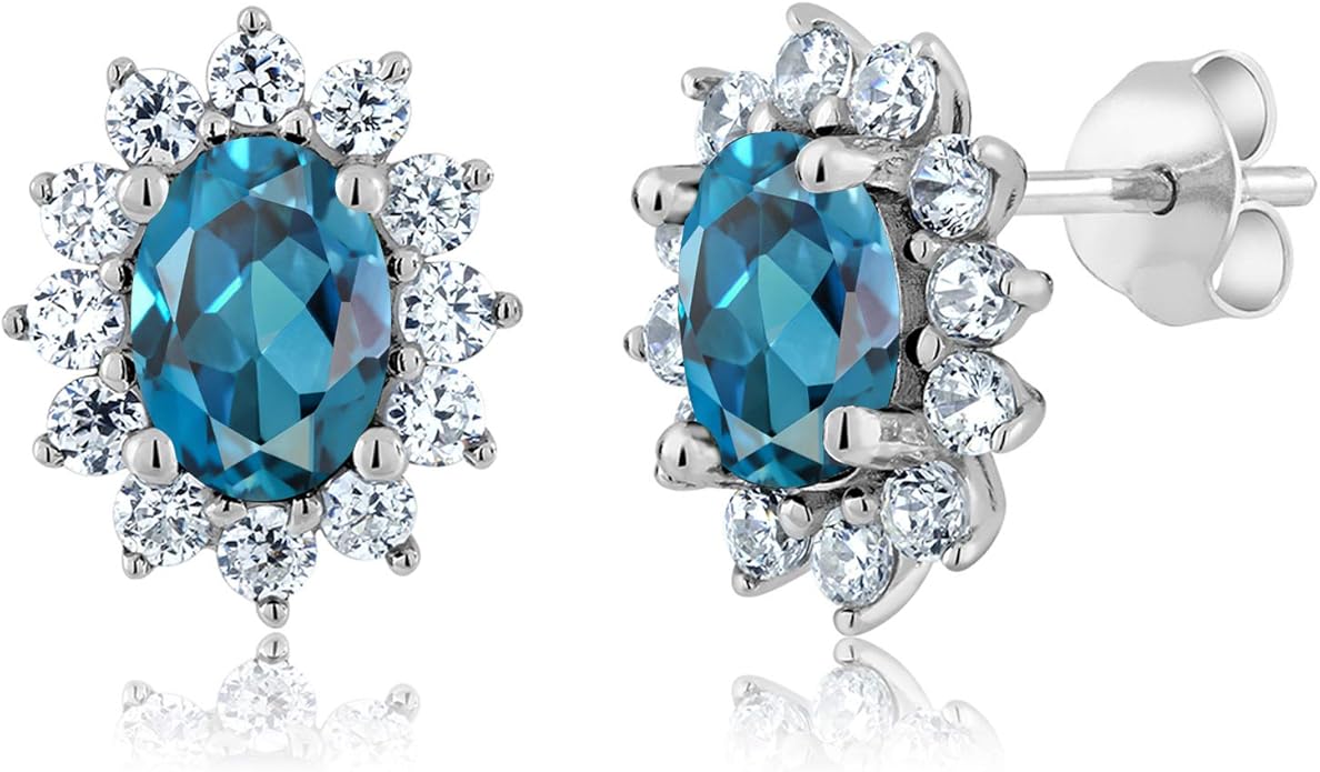 Gem Stone King 7X5MM Oval Gemstone Birthstone Stud Earrings For Women | Princess Diana Royal Halo Style | 925 Sterling Silver | Fine Jewelry Gifts for Anniversary Wedding Her Mom Women Wife