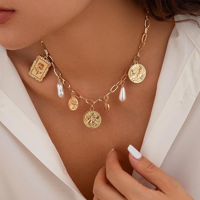 Gold Chic Charm Necklace for Women With White Pearl Square Pendant Adjustable Retro Boho Beach Style Trendy Summer Shell Pearl Coin Paperclip Chain Necklaces Jewelry for Women (style2)
