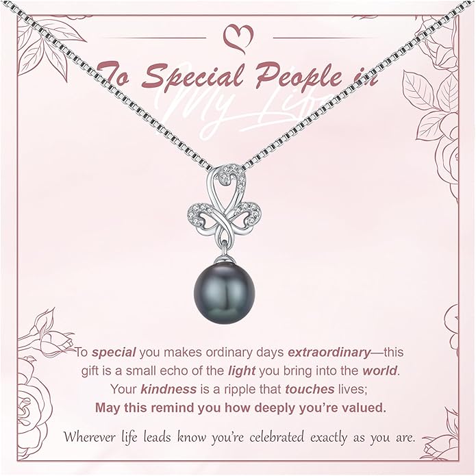 Tahitian Black Pearl 18K White Gold Plated Sterling Silver Heart/Infinity/Four Leaf Clover Pendant Necklace Jewelry Gifts for Women Wife Mom Girlfriend Wedding Birthday Anniversary Christmas