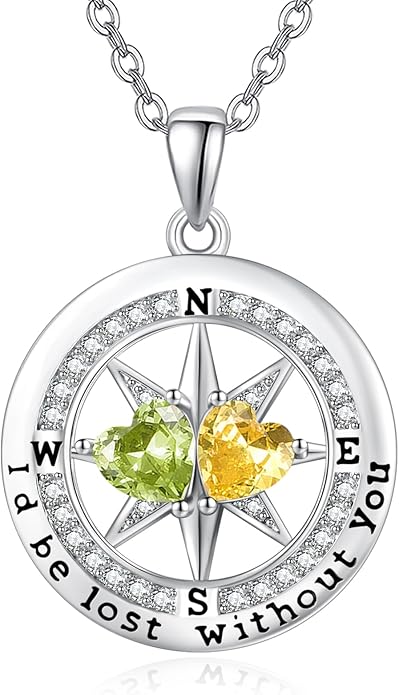 Compass Necklace for Women, Exquisite S925 Valentines Day Anniversary Birthday Gifts for Wife Her Double Birthstone Pendant Jewelry ‘I'd be Lost Without You’