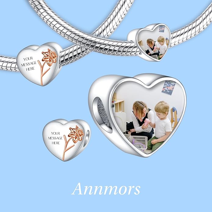 Annmors Personalized Photo Charm for Bracelet Necklaces,925 Sterling Silver Charm Love Heart Shaped Engraved Customize Picture Gift for Birthday Mother's Day Christmas,Bead Charms Jewelry for Women