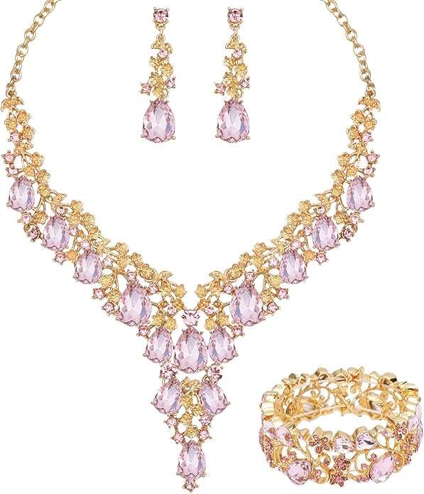 CSY Elegant Crystal Costume Jewelry Sets Flower Bridal Necklace Earrings Stretch Bangle Set for Bride Bridesmaid Wedding Dress Accessories