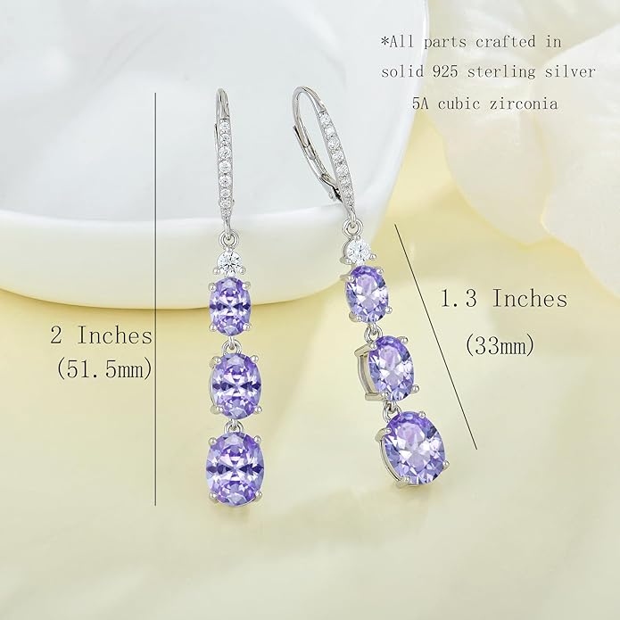 Women 925 Sterling Silver Birthstone 3-stone Leverback Drop Dangle Earrings 5A Cubic Zirconia Jewelry for Her
