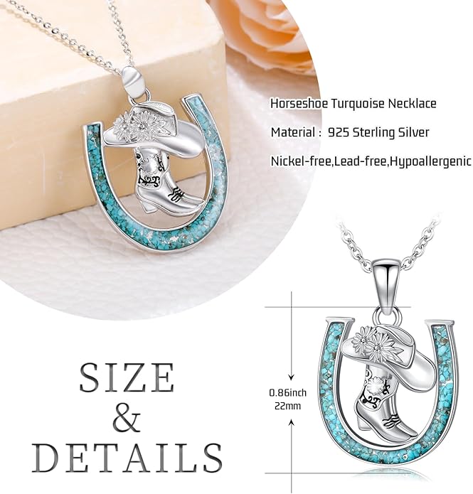Western Cowboy Necklace 925 Sterling Silver Horseshoe Pendant Western Jewelry Cowgirl Gifts for Women Girlfriend Cowboy Cowgirl