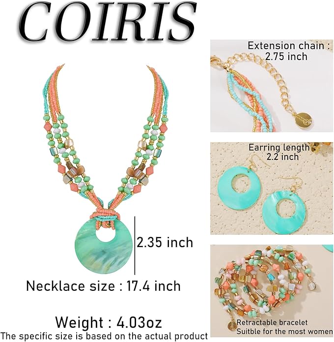 Jewelry Sets for Women 4 Pcs Chunky Beaded Mrs Roper Costume Jewelry for Women Boho Multi Strand Colorful Shell Necklace for Women
