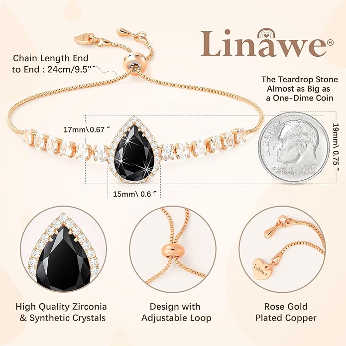 Linawe Crystal Imitation Diamond Rhinestone Charm Bracelets for Women, Gold/Silver/Rose Gold Adjustable Chain Bracelet, Teardrop Birthstone Cubic Zirconia Prom Costume Wedding Jewelry