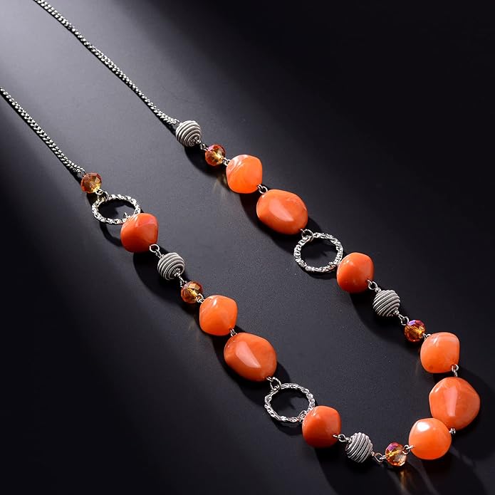 BULINLIN Beaded Long Necklace for Women Silver Sweater Chain Necklace with Crystal Resin Beads, Fashion Jewelry Necklace