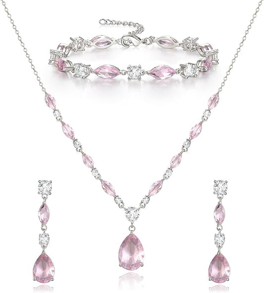 Crysdue Teardrop Bridal Jewelry Set for Wedding Party, Silver/14K/Rose Gold Plated Prom Costume Jewellery for Bride Bridesmaids Women, Cubic Zirconia Necklace Dangle Earrings Bracelet