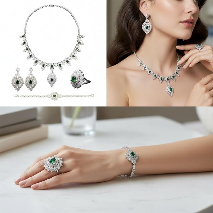Rhinestone Wedding Bridal Jewelry Set Women's Prom-Style Necklace, Earrings, Bracelet, Ring Bridesmaid Gift Pairs with Evening Gown