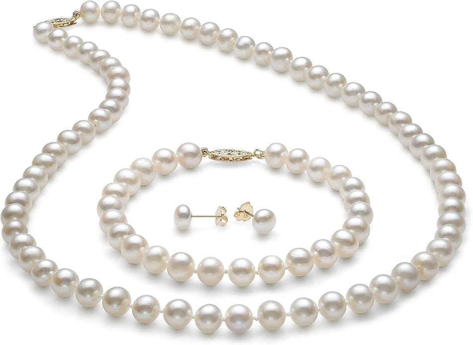 Belacqua 14K Gold Freshwater Pearl 18" Necklace Bracelet Stud Earrings Set for Women | Jewelry for Her | Gift Box Included